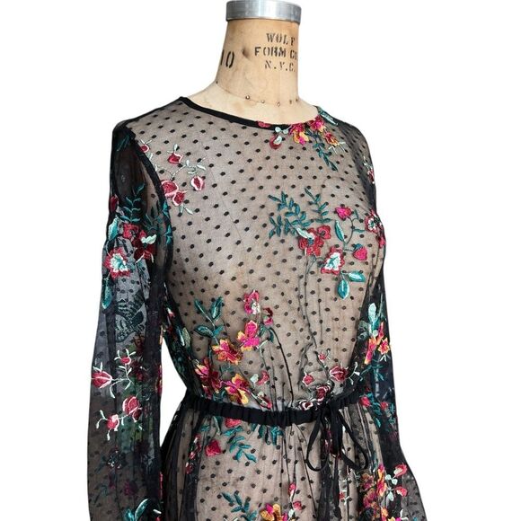 ZARA Sheer Black Floral Embroidered Mesh Blouse Size M - Picture 3 of 5